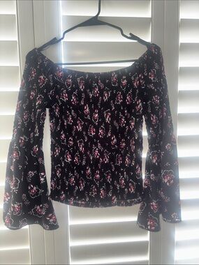 Express Black Off-Shoulder Floral Bell-Sleeve Top
